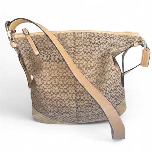 COACH Signature Monogram Logo Rectangle Crossbody Bag 12x13 Tan Brown Y2K - Picture 1 of 17